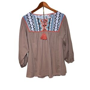 Easel Boho Tribal Yoke Blouse Women's Large Taupe 3/4 Sleeve Tassel Tie Top New